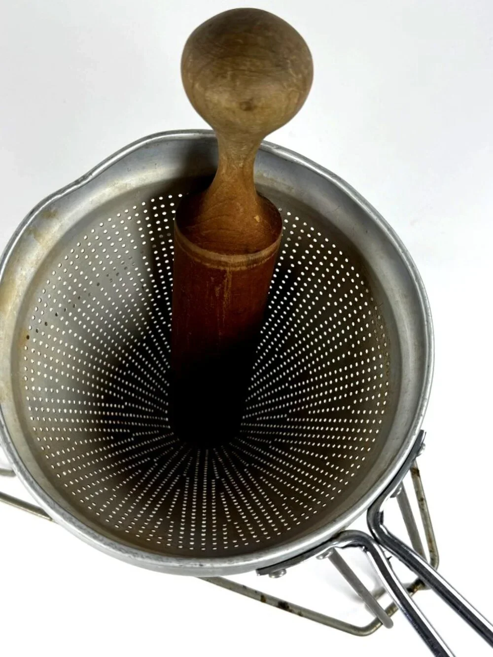 Vintage Cone Fruit Vegetable Strainer Colander Wood pestle Food Sieve Aluminum